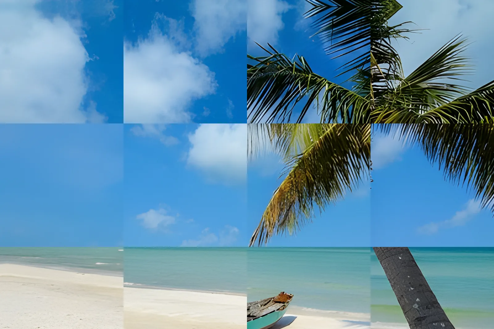A small boat on the sand under a palm