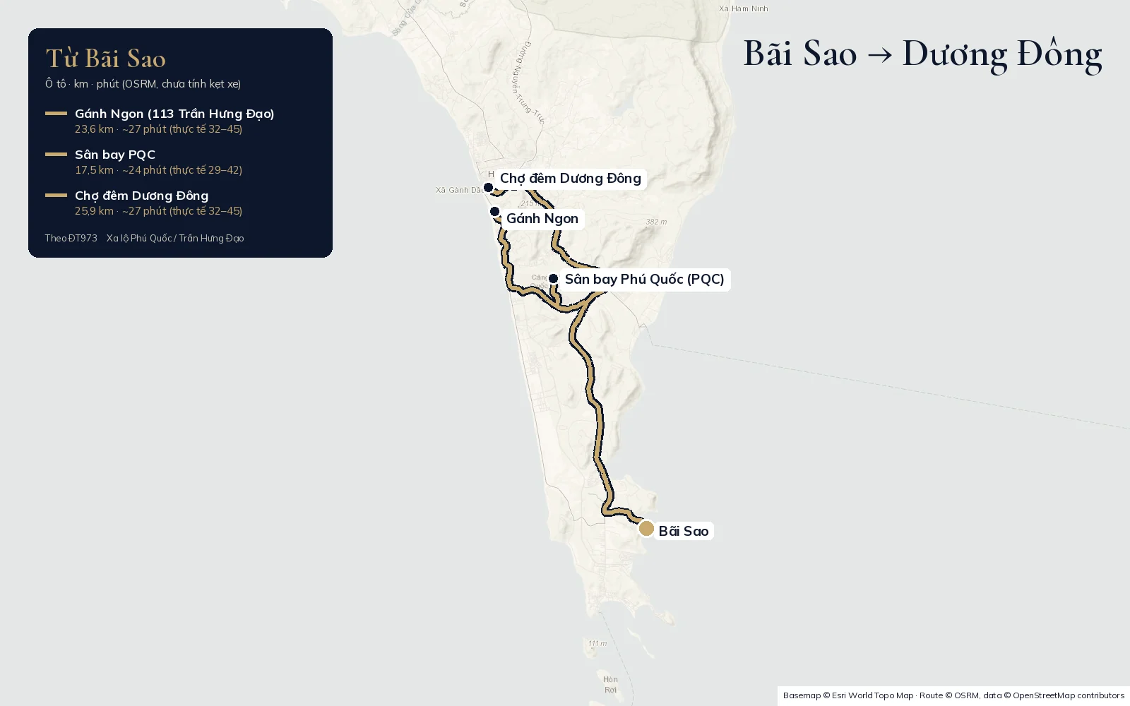 Bản đồ đường đến Bãi Sao từ Dương Đông, chợ đêm và sân bay Phú Quốc